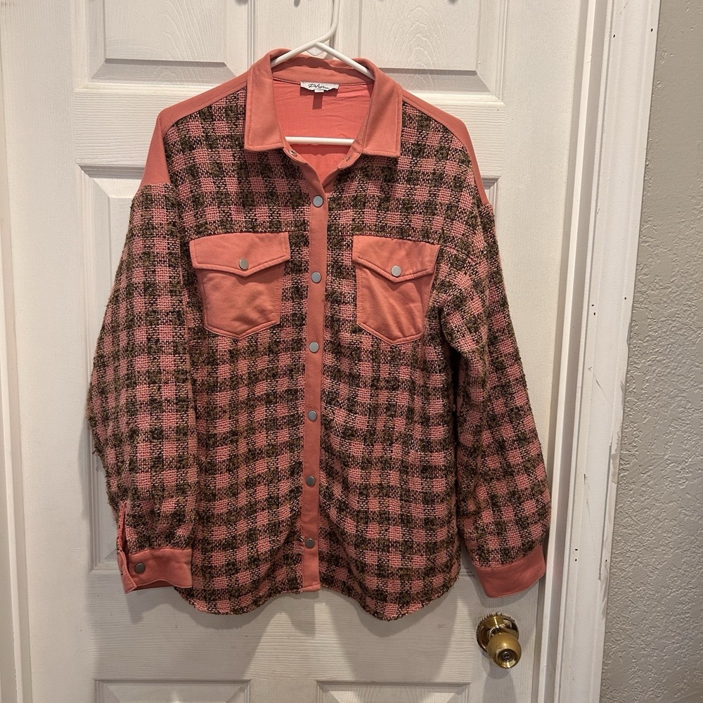Pologram Pink Plaid Shacket Pocckets Oversized Lined Womens Large Fall Cozy